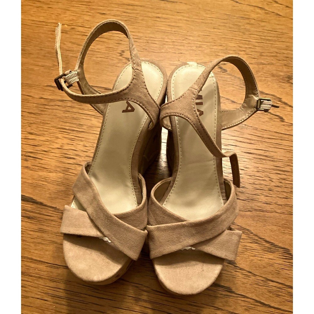 MIA Women’s Beige Suede Wedge Sandals Ankle Strap Buckle Embossed US 8